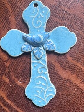 Ceramic Blue Cross Wall Accent with Bird